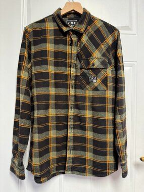 FOX Men's Flannel Shirt in black, olive, and orange, Medium